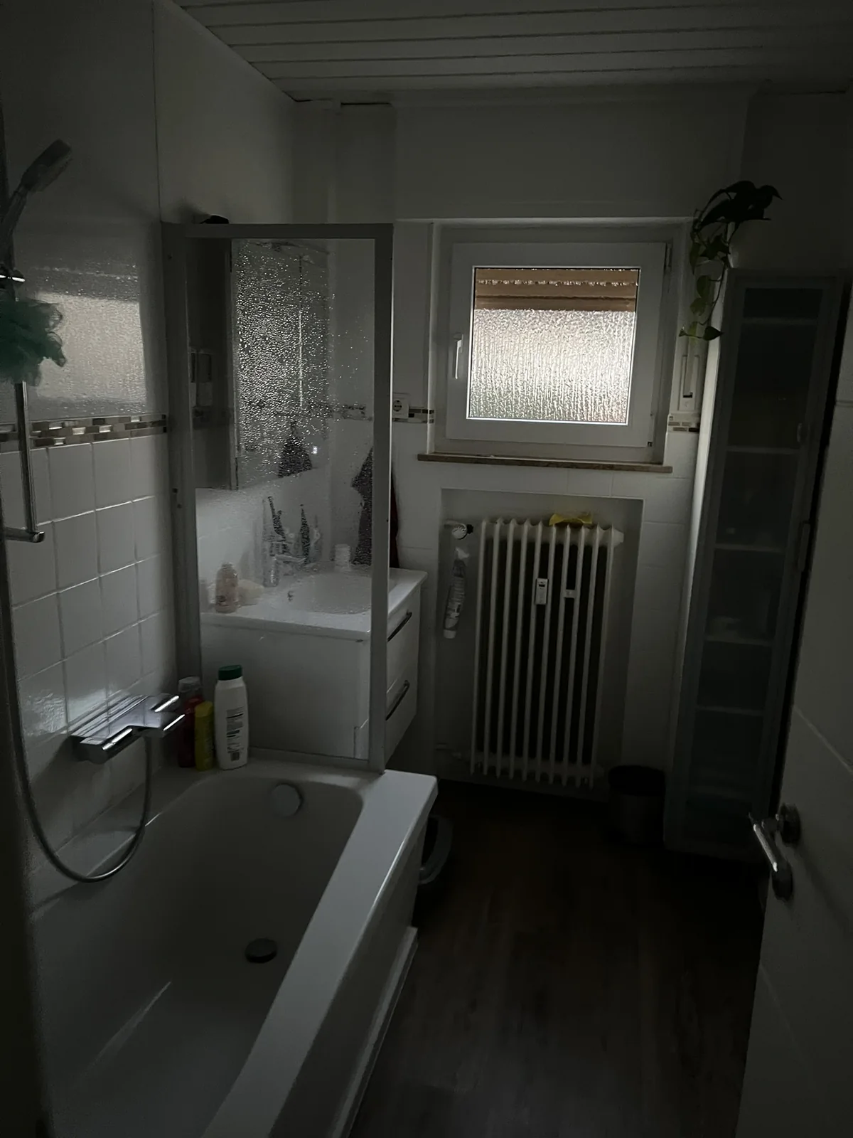 Das ursprüngliche Bad mit Badewanne, Duschabtrennung und Heizkörper unter dem Fenster.